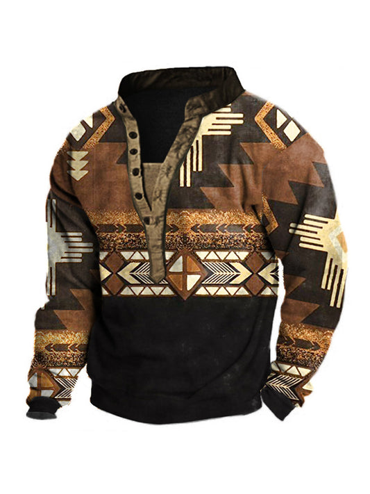 Men's Ethnic Print Henley Collar Sweatshirt