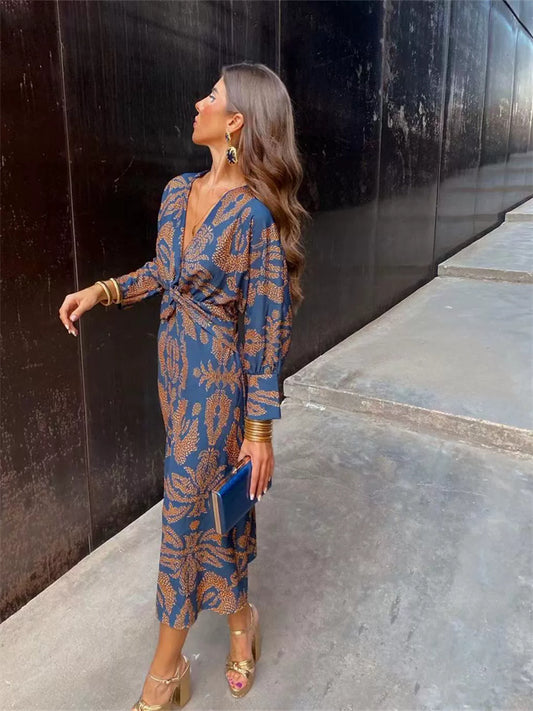 Women's Fall Printed Dresses Long Sleeve V-Neck Dresses