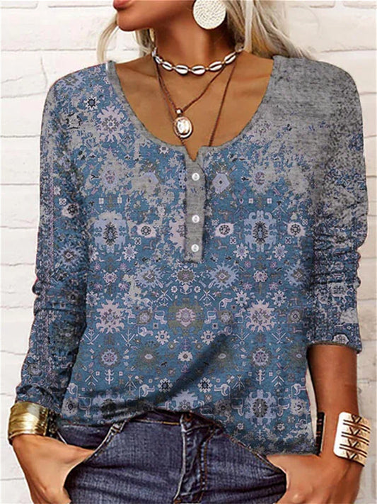 Women's T shirt Tee Blue Purple Red Geometric Print Long Sleeve Home Casual Basic U Neck Regular Loose Fit Geometric