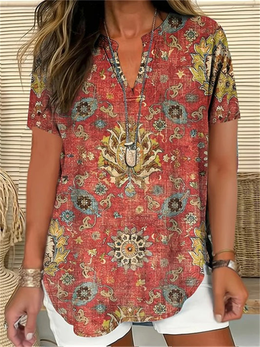 New Arrival 3D Printed Women's Summer Fashion Loose-Fit V-Neck Short-Sleeve Top