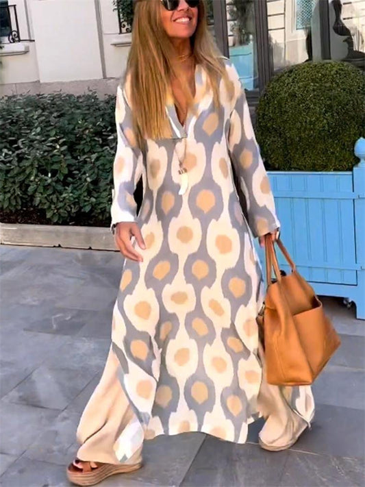 Summer New Fashion Geometric Pattern Printing V-neck Temperament Commuter Long Section Long-sleeved Lazy Wind Dress Female