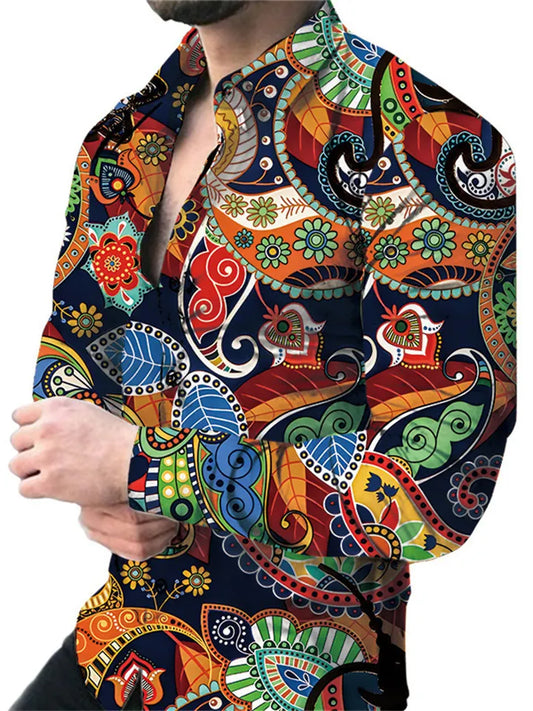 New Large Size Men's Casual Slim Fashion 3D Printing Long-sleeved Shirt