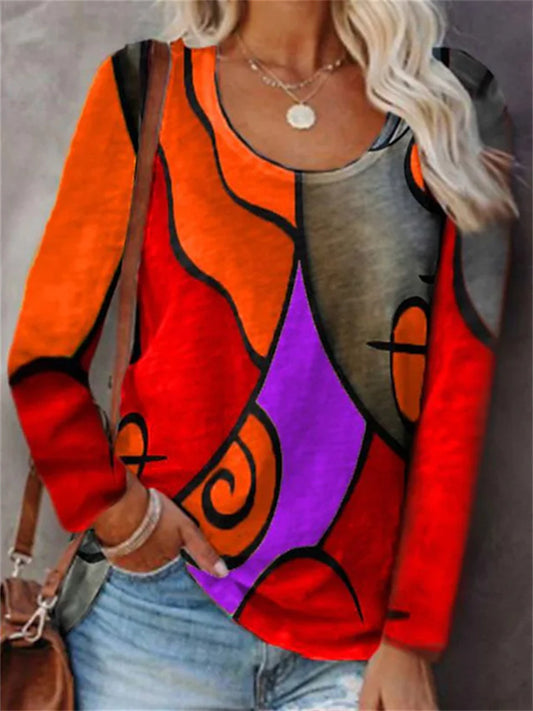 Women's T shirt Tee Blue Purple Orange Graphic Geometric Print Long Sleeve Casual Holiday Vintage Ethnic Round Neck Regular S