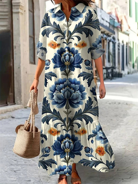 New Women's Casual Long-Sleeve Collared Maxi Dress with Botanical Floral Print