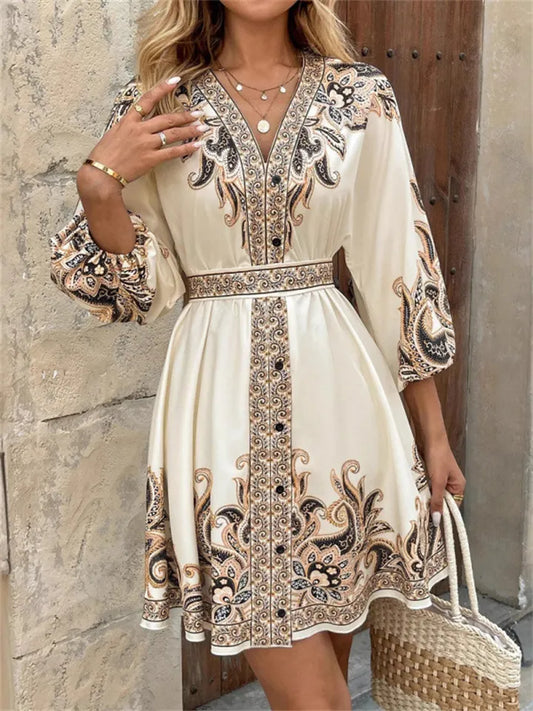Women's New Summer Print V-Neck 3/4 Sleeve Tie-Waist Dress
