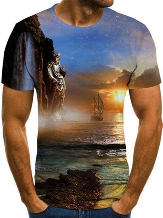 Trendy New Natural Landscape 3D Print Fashion Men's Sports Short-sleeved Loose Tops