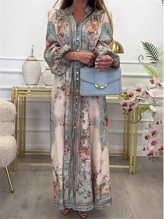 New Spring Women's Dress Retro-Printed Maxi Dress with Full Skirt