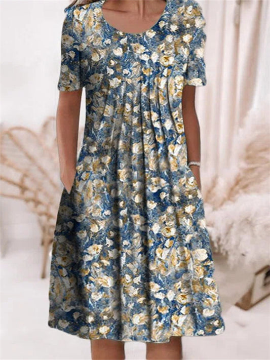 Casual Flower Round Neck Medium Length Straight Dress