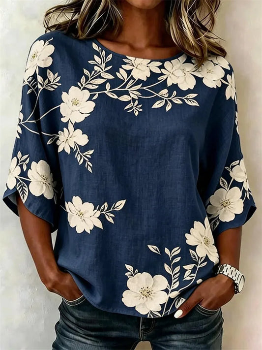 Summer Casual Top 3D-Printed Round-Neck 3/4-Sleeve Women's Slub Linen Shirt
