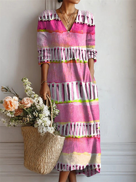 New Summer Women's 3D-Printed Slub Linen V-Neck Fashionable Patchwork Dress