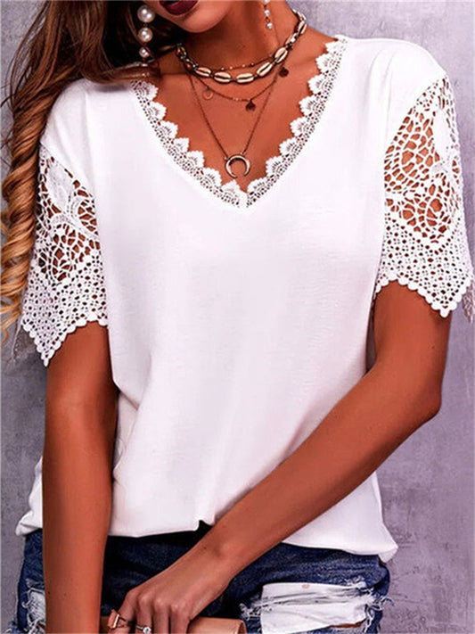 Women's T-shirt Lace Lace Splicing Loose V-neck Short-sleeved Solid Color T-shirt