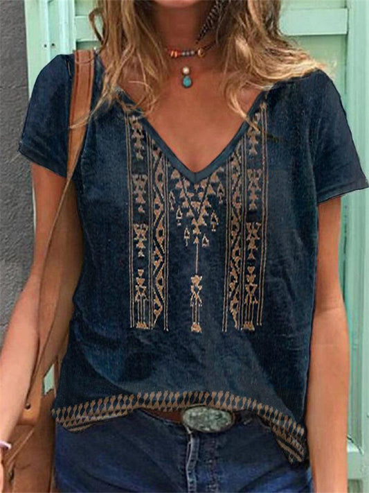 3D Digital Printing V-neck Casual Short-sleeved Female T-shirt Women's Faux Cotton