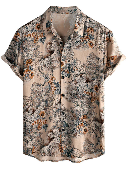 Men's Hawaiian Floral 3D Print Lapel Short-Sleeve Retro Casual Beach Shirt