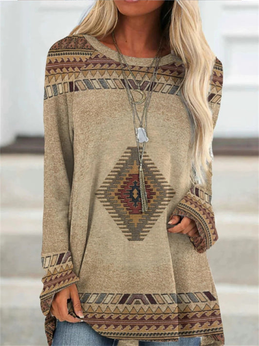 Women's Tunic Marron Green Blue Geometric Plaid Print Long Sleeve Casual Vintage Boho Ethnic Round Neck Long Bohemian Theme Geometric S