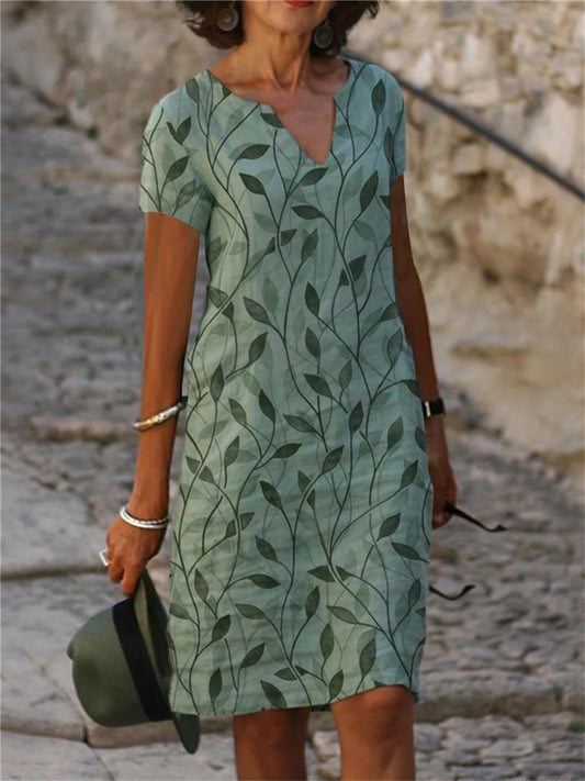 Women's New Summer Short-sleeved V-neck Dress Style in The Middle-length Skirt