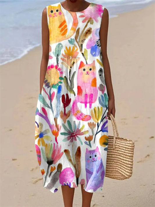 Women's New Arrival Fashionable Casual Sleeveless Round-Neck Dress with 3D Floral Print