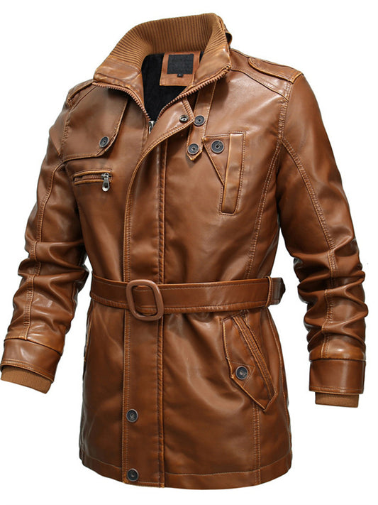 Men's Casual Solid Color Biker Washed Stand-up Collar Leather Jacket PU Leather Jacket Zipper Insert Pockets Belt Padded Jacket