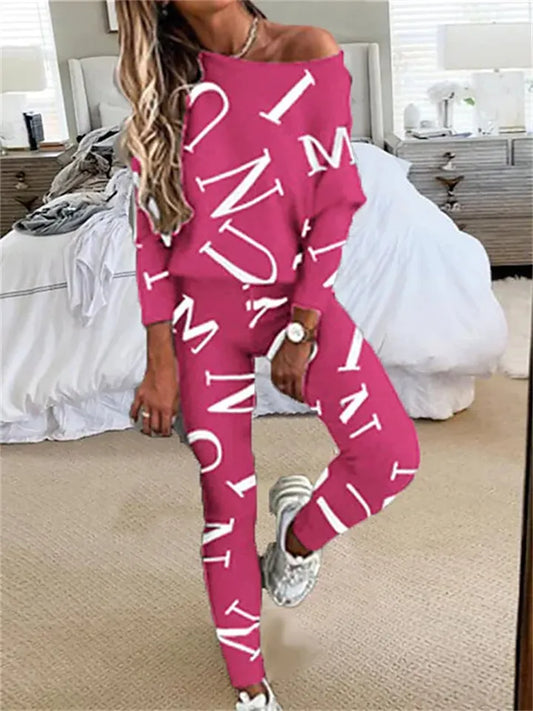 Women's Loungewear Sets Sweatsuit 2 Pieces Letter Sport Comfort Home Street Vacation Polyester Off Shoulder Long Sleeve Pullover Pant Fall Spring Black Pink