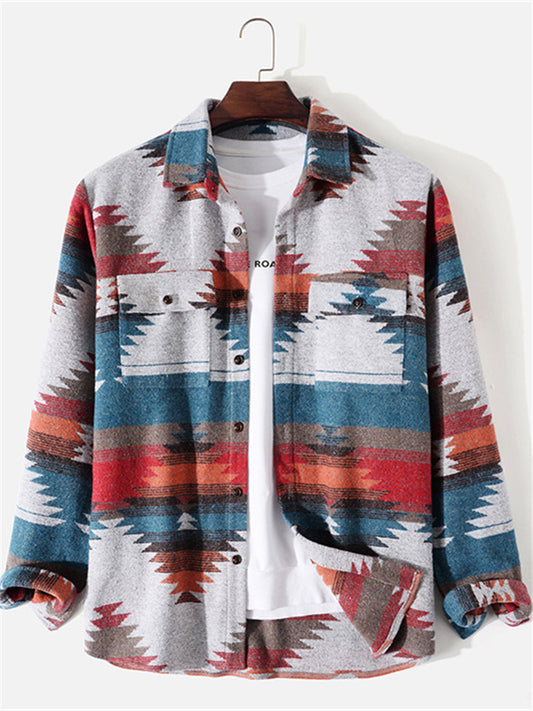 Casual Fashion Retro Floral Color Blocking Western Style Loose Lapel Long-sleeved Thickened Shirt Cardigan Jacket Men's Shirt