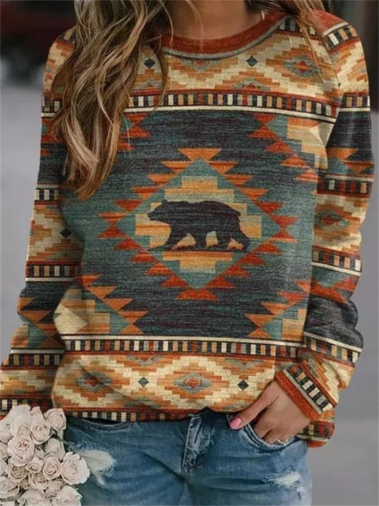Fall Women's Tops Large Size Geometric Pattern Printed Round Neck Long Sleeve Temperament Commuter Womenswear