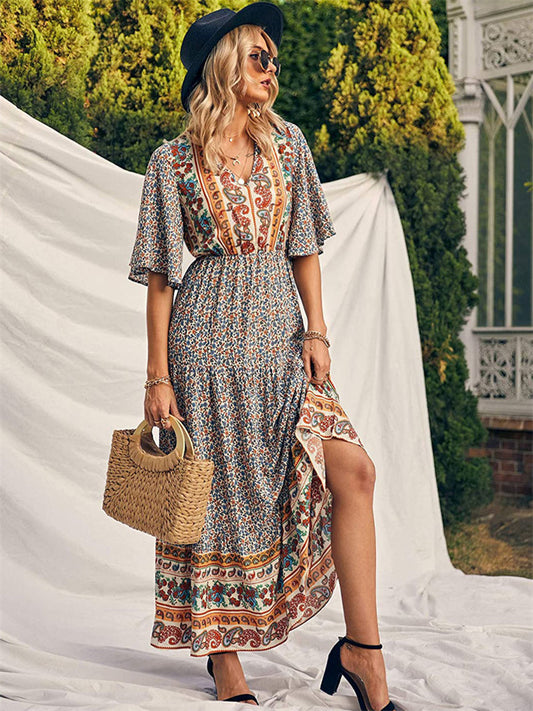New Summer Women's Bohemian Dress Beach Vacation Maxi Dress with Full Skirt