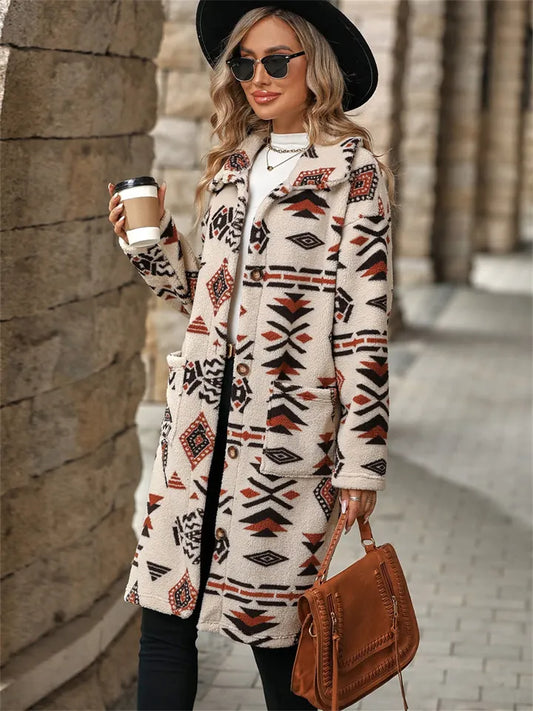 New Fall/Winter Women's Ethnic Print Fleece-Lined Long Coat