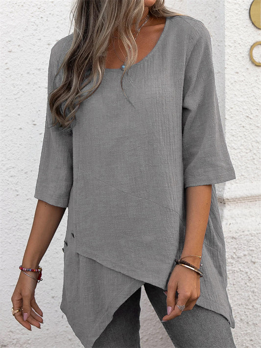 Women's New Cotton and Linen Round Neck Irregular Shirt Five-minute Sleeve Tops Solid Color Tops