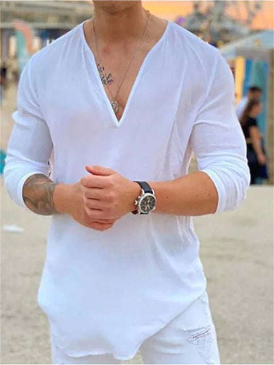Men's Shirt T shirt Tee Tee Casual Shirt Solid Color Plain V Neck Black White Outdoor Street Long Sleeve Clothing Apparel Fashion Casual Comfortable