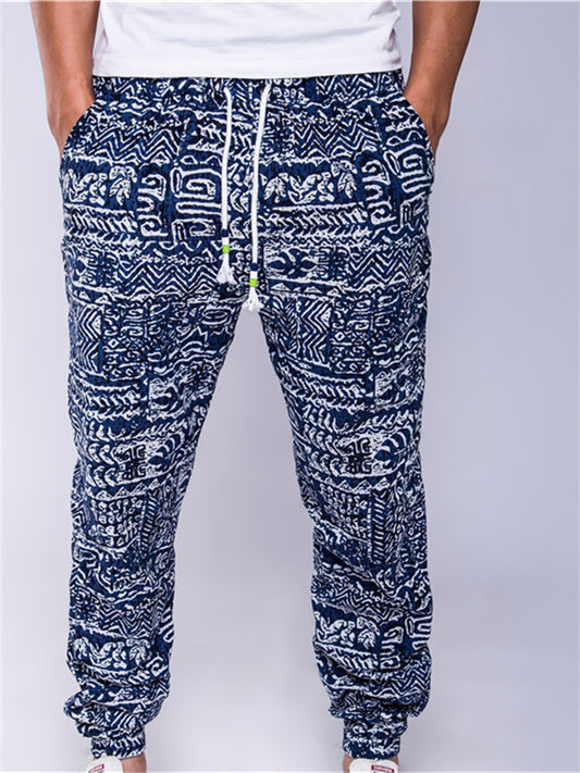 Men's Casual Pants Ethnic-Style Cotton-Linen Blend Loose Fit  Drawstring Printed Long Pants