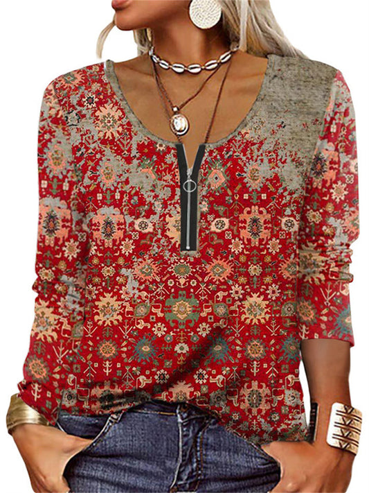 Autumn and Winter New Plants and Flowers Printed Women's Long-sleeved Zipper Fashion Loose Type T-shirt Female