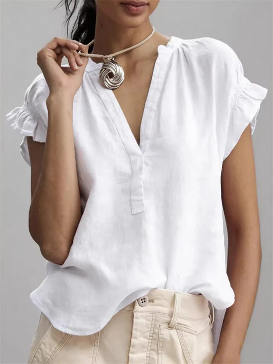 Women's Summer Bohemian-Style Casual V-Neck Short-Sleeve Solid-Color Cotton-Linen Top