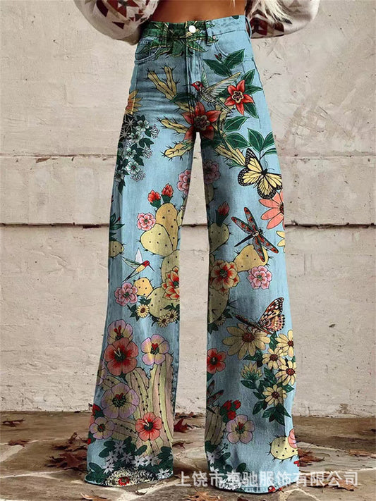 New Women's 3D Printed Flared Pants Simulated Wide Leg Jeans Denim Trousers