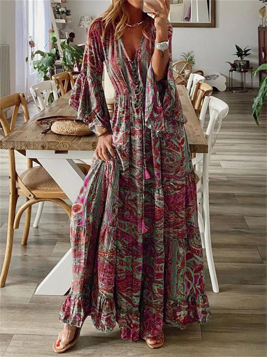 Women's Bohemian-style Bell-sleeve Printed V-neck Vacation Dress with Floral Print