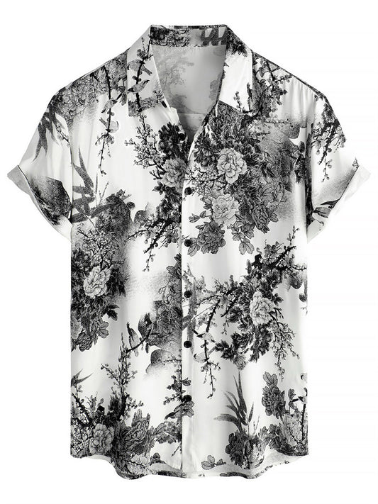 Men's Hawaiian Floral 3D Print Short-Sleeve Shirt with Beach Collar - Retro Casual Shirt