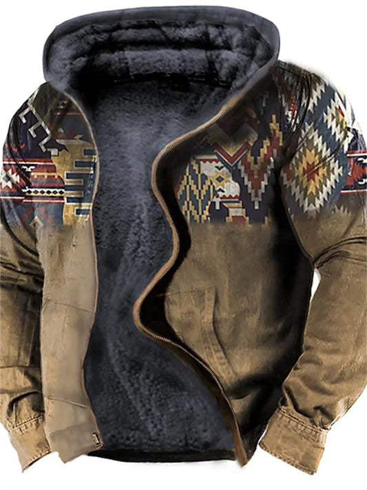 Men's Fleece Jacket Full Zip Hoodie Fleece Hoodie Sherpa Jacket Denim Blue Blue Yellow Camel Orange Hooded Tribal Graphic Prints Zipper Print Casual Daily Sports 3D Print Fleece Basic Designer Casual