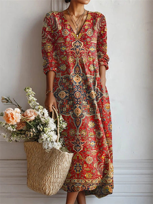 Women's New Summer 3D-Printed Slub Linen V-Neck Fashionable Patchwork Dress