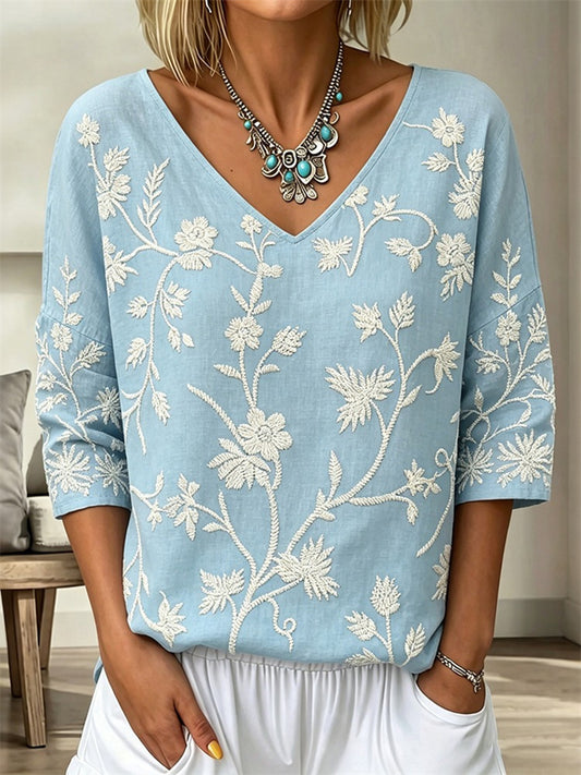Summer Women's 3D-Printed V-Neck Mid-Sleeve Casual T-Shirt 3