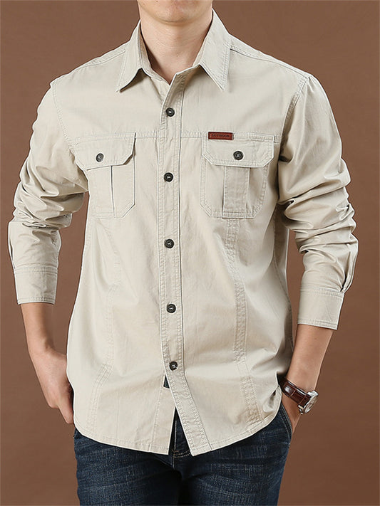 Men's Casual Loose Long-sleeved Shirt Solid Color in The Youth Lapel Thin Basic Models Pocket Design Single-breasted Shirt Cardigan