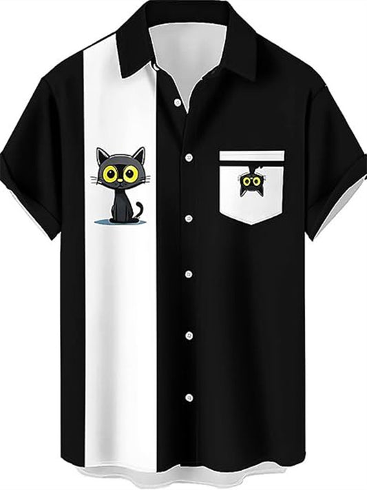 Men's Summer Black Kitten Print Short-Sleeve Lapel Shirt