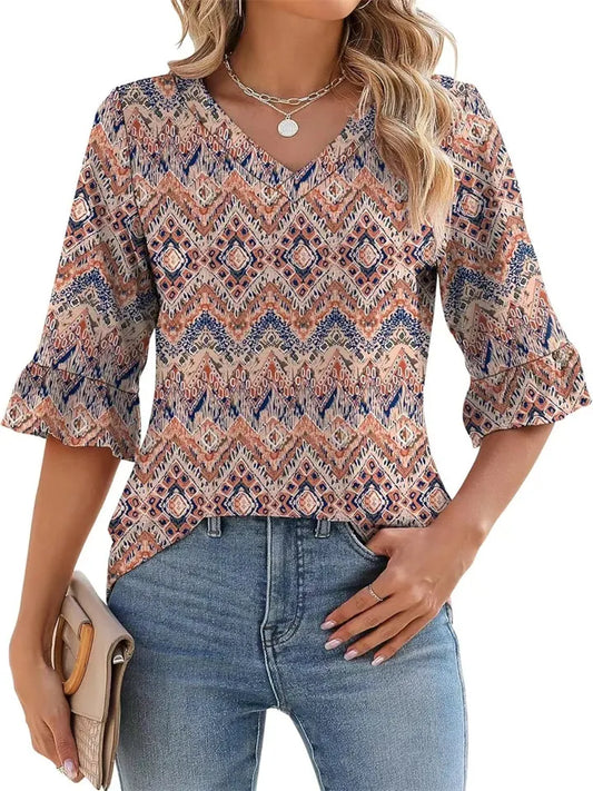 Women's Summer New Arrival Printed Openwork Ruffled Sleeve Casual Short-Sleeve Top