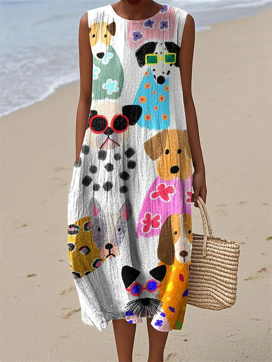 New 3D Animal Print Round-Neck Fashionable Casual Women's Sleeveless Dress