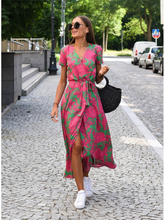 The New Summer V-neck Print Lace-up Dress Is Elegant S M L  XL 2XL