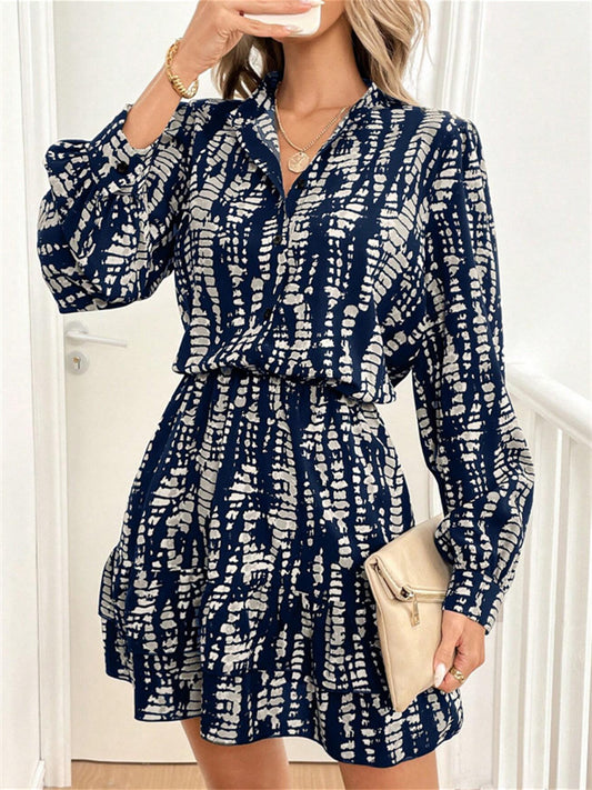 Spring/Summer New Arrival Slim-Fit Fashion Long-Sleeve V-Neck Ruffled Hem Dress