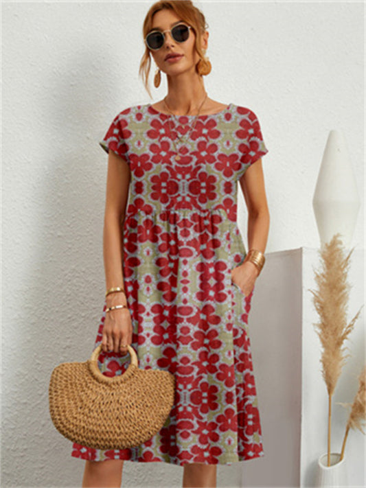 New Fashion Ladies Loose Cotton and Linen Sleeveless Round Neck Printed Summer Dress A-line Skirt