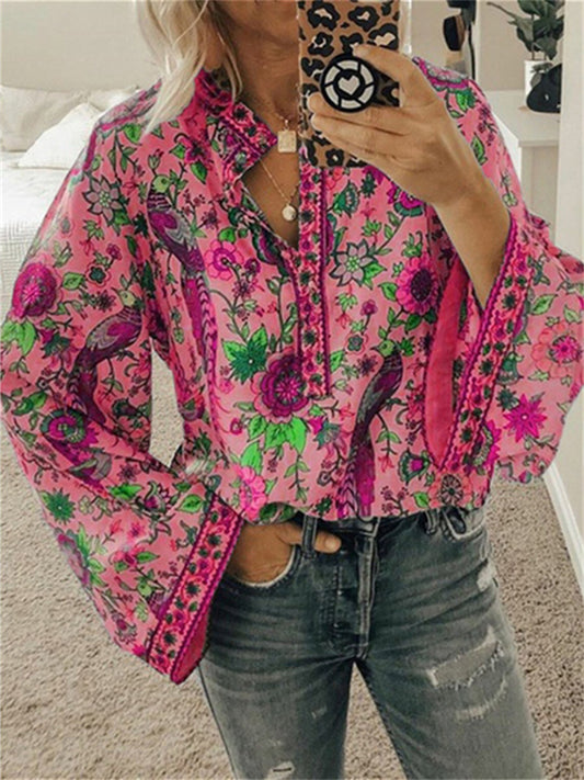 Autumn New Explosive Models Peacock Print Loose Temperament Commuter Shirt Buttons Long-sleeved Shirt