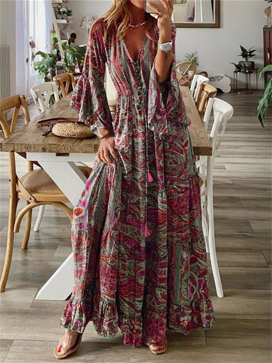 Autumn Bohemian Flare Long Sleeve Printed V-Neck High Waist Vacation Dress Floral Women Long Dresses