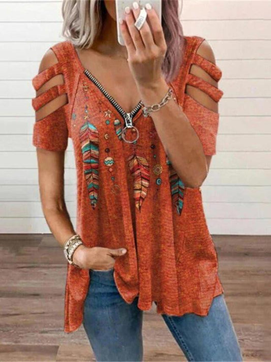 V-neck Zipper Pullover Printed Short Sleeve Loose T-shirt Women's Jacket
