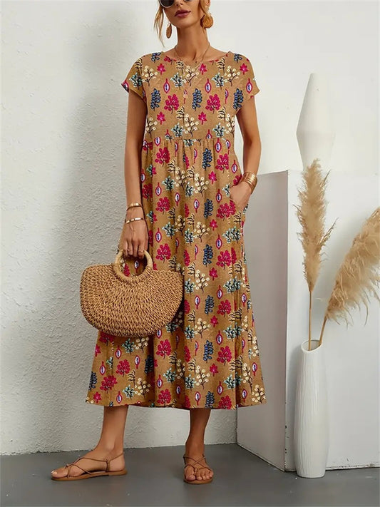 Summer Fashion Flora Ladies Round Neck Loose Cotton Linen Sleeveless Round Neck Print Dress A Dress
