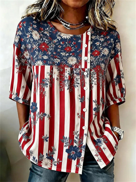 New Arrival Women's Color-Blocked Loose-Fit Button-Down Shirt with Drawstring and Print