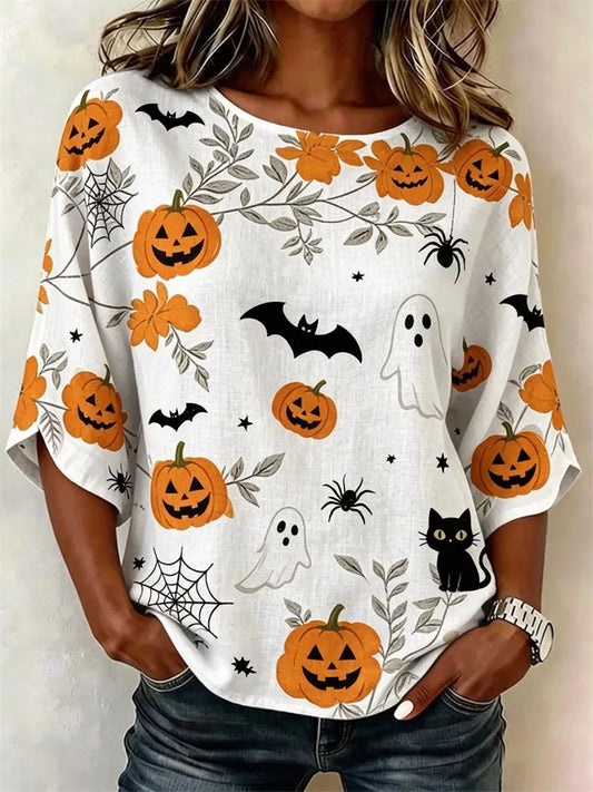 Women's Summer Casual 3D Halloween Pumpkin-Print Three-Quarter-Sleeve Slub Linen Shirt